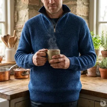 Pull Camionneur Carmel Indigo - Manches Longues - Col Montant