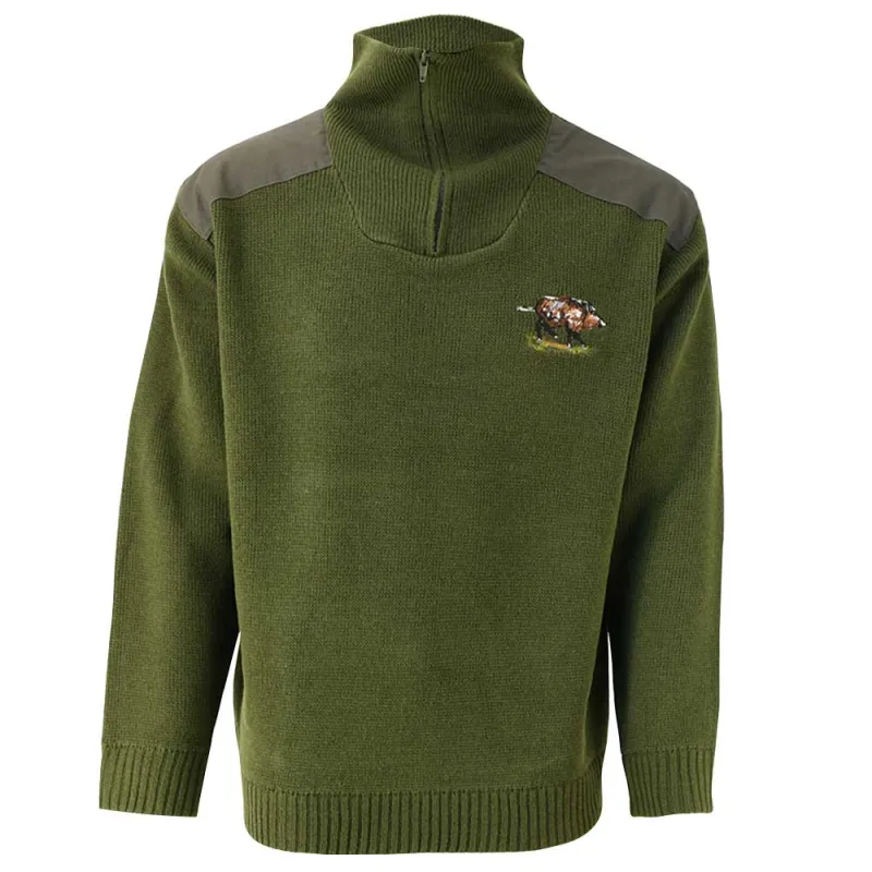 Pull col zippé Camionneur sanglier laine acrylique kaki 