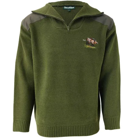 Pull col zippé Camionneur sanglier laine acrylique kaki 