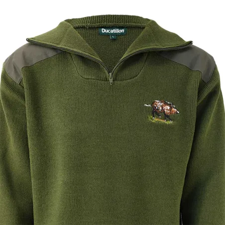 Pull col zippé Camionneur sanglier laine acrylique kaki 