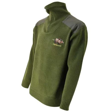 Pull col zippé Camionneur sanglier laine acrylique kaki 