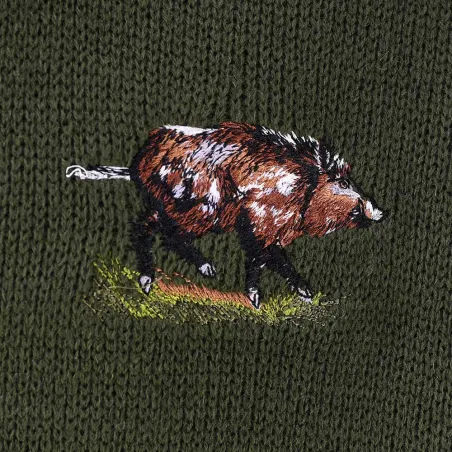 Pull col zippé Camionneur sanglier laine acrylique kaki 