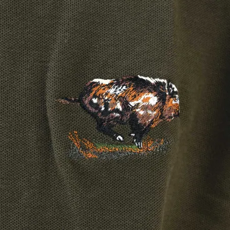 Polo brodé sanglier manches courtes coton piqué kaki 