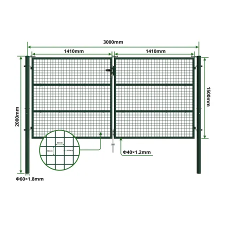 Portail 2 vantaux grillagé 3x1,5m - Maille 50mm - Vert