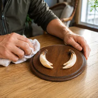Plateau rond défenses de sanglier en chêne foncé ciré Ø16 cm | Ducatillon