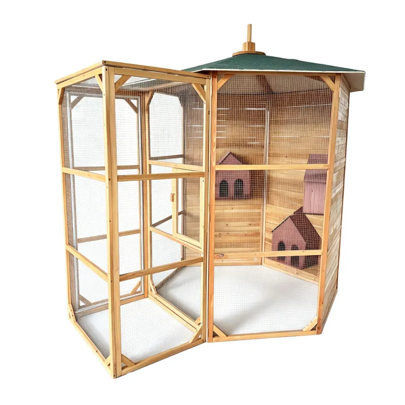 Volière hexagonale en bois traité avec sas et abris