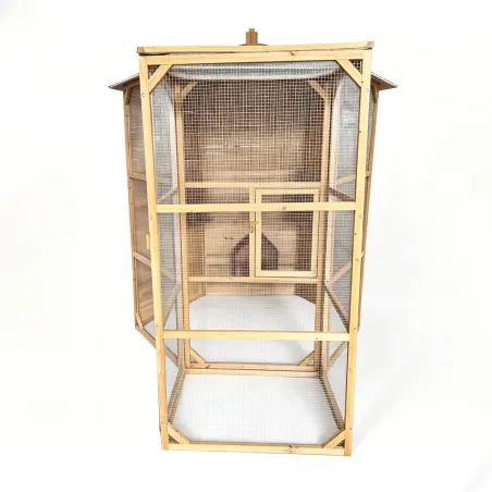 Volière hexagonale en bois traité avec sas et abris