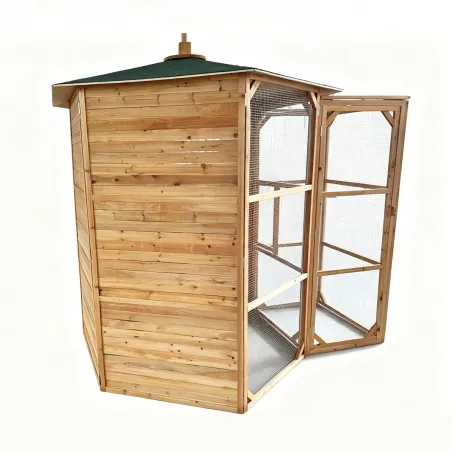 Volière hexagonale en bois traité avec sas et abris