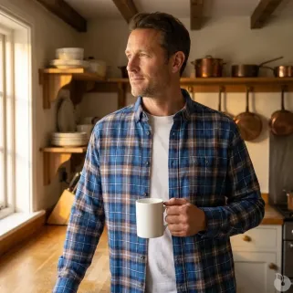 Chemise Homme Manches Longues en Flanelle à Carreaux Bleu et Marron - Coupe Droite