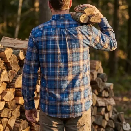 Chemise Homme Manches Longues en Flanelle à Carreaux Bleu et Marron - Coupe Droite