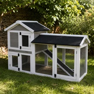 Clapier Lapin Boisparc Blanc & Gris - 147x53x85cm avec Parc Grillagé