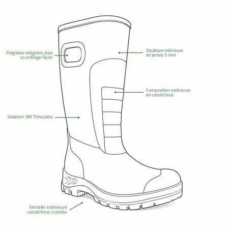 Bottes camo roseaux caoutchouc Thinsulate avec poignées 