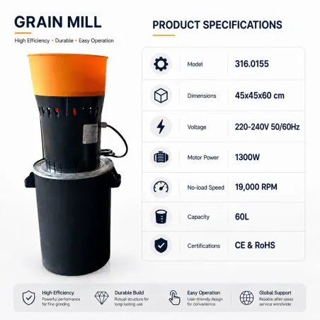 Moulin à céréales électrique 1300W - Cuve 60L pour élevage