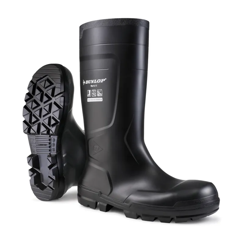 Bottes Dunlop Work-It noires S5 en PVC et vue de leur semelle