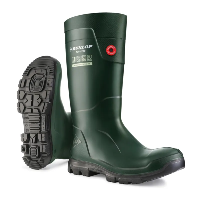 Bottes de travail Dunlop TerraPRO Purofort vertes et vue de leur semelle
