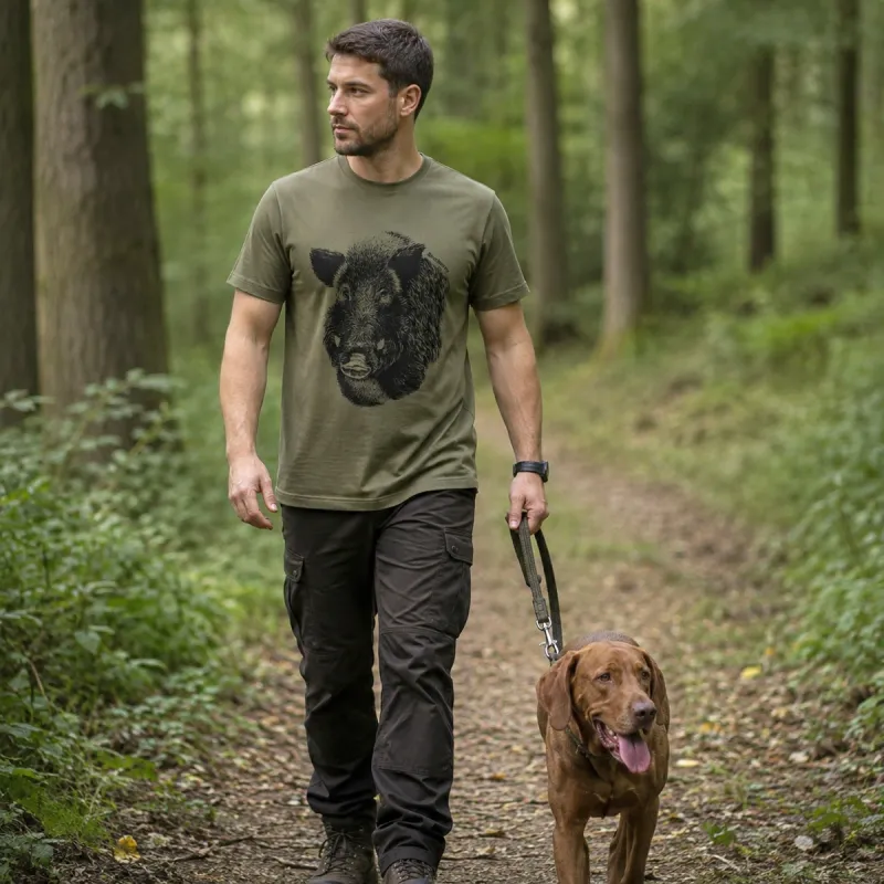 T-shirt Deerhunter Jaxon kaki motif sanglier, coton 160 g/m²