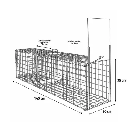 Cage Renard à Appât robuste en maille carrée 13kg 140x30x35cm à l'unité