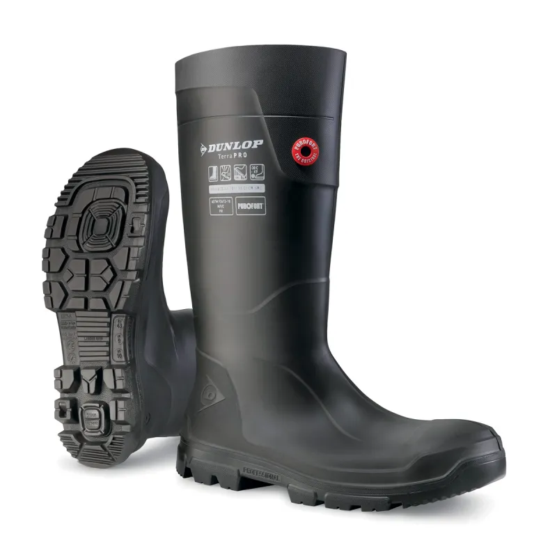 Bottes Dunlop TerraPRO Purofort noires S5 et vue de leur semelle