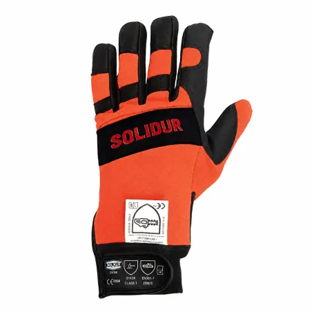 Gants Solidur orange scie à chaîne classe 1 main gauche