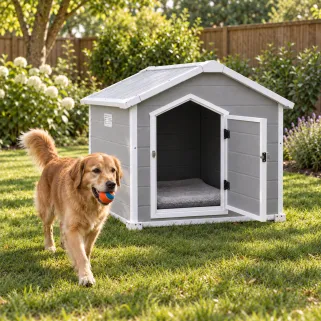 Niche pour chien en polypropylène - Toit chalet avec porte - 120x115 cm - Coloris bois