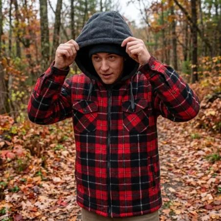 Chemise Treeland rouge à capuche doublée sherpa | Ducatillon