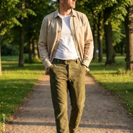 Pantalon Deerhunter Strasbourg vert, cuir naturel déperlant