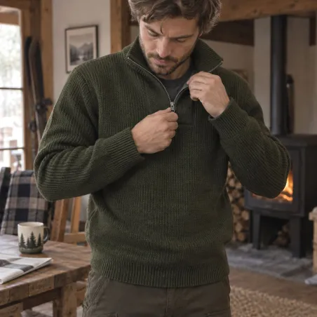 Pull camionneur homme kaki laine mélangée doublé polaire