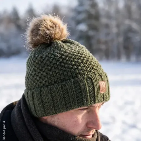 Bonnet Deerhunter vert à pompon et doublure polaire | Ducatillon