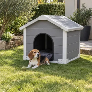 Niche pour chien en polypropylène avec toit chalet 80x80 cm - Style bois