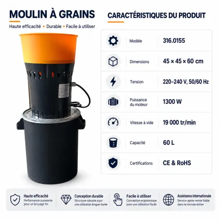 Moulin à céréales électrique 1 300 W, 60 L | Ducatillon