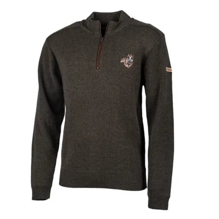 Pull col zippé brodé sanglier marron en laine et acrylique