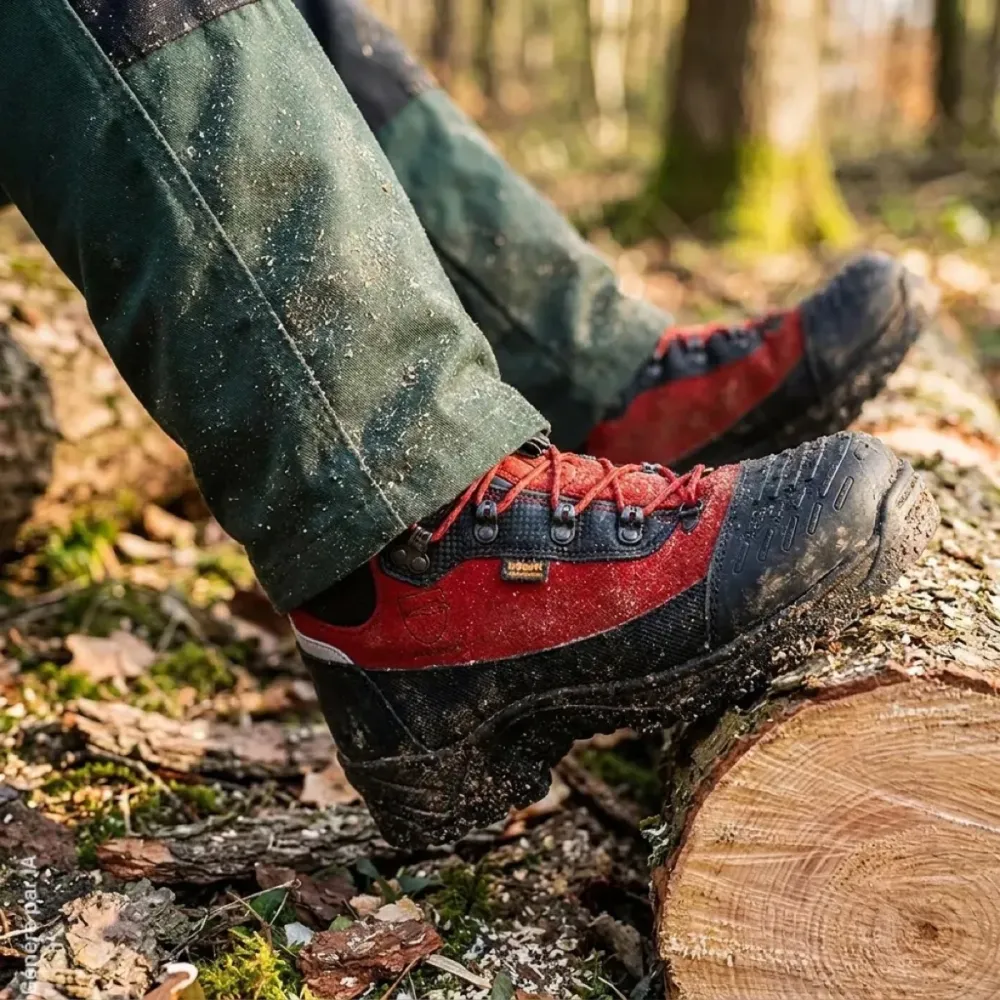 Chaussures forestières Solidur Infinity rouges S3 et protection scie à chaîne classe 3