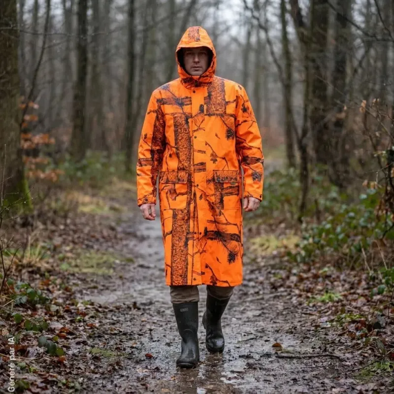 Manteau de Pluie Long Camouflage Orange - Étanche et Coupe-Vent