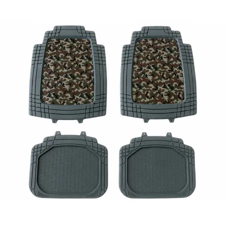 Lot de 4 Tapis de Voiture en Caoutchouc Synthétique - Résistants et Antidérapants - Motif Camo Kaki - 70 x 50 cm
