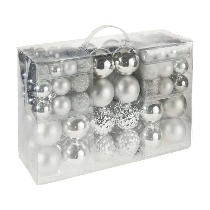 Lot de 100 Boules de Noël Argentées - Effets Brillant, Mat et Pailleté