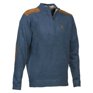 Pull Fox zippé bleu acrylique laine empiècements suédine