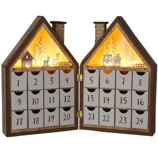 Maison calendrier avent bois peuplier 30cm 24 tiroirs LED blanc