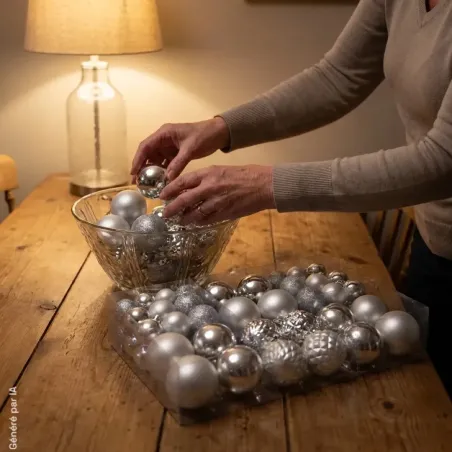 Lot de 100 Boules de Noël Argentées - Effets Brillant, Mat et Pailleté