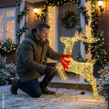 Renne Lumineux LED Doré avec Nœud Rouge - Décoration Noël Extérieure 50x88cm