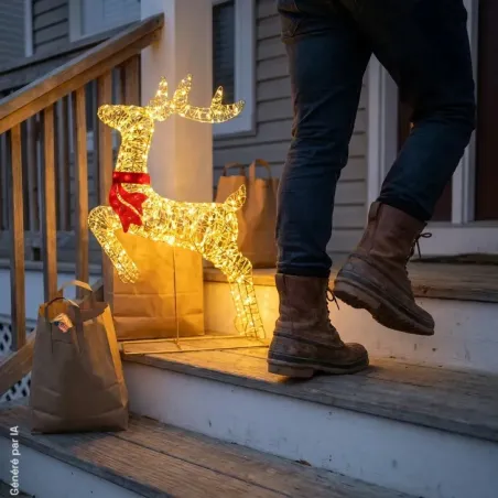 Renne Lumineux LED Doré avec Nœud Rouge - Décoration Noël Extérieure 50x88cm