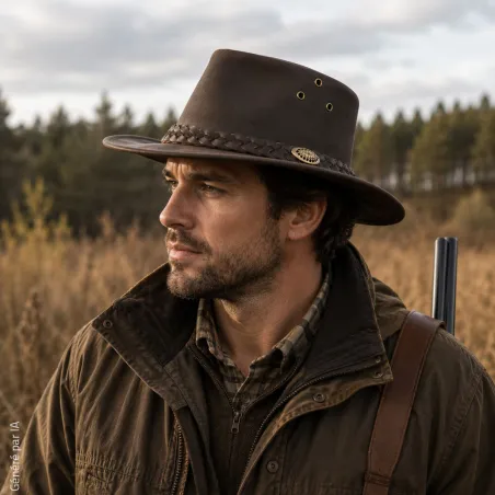 Chapeau chasse souple imperméable cuir velour marron 57 à 60