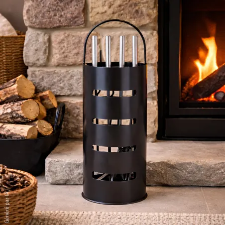 Valet de cheminée métal noir 5 pièces | Outils feu bois 65 cm