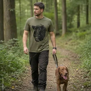 T-shirt Deerhunter Jaxon kaki motif sanglier, coton 160 g/m²
