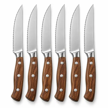 6 Couteaux Steak Inox 3cr14 22cm Lame Dentelée Effet Bois