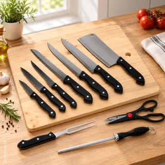 Set de 11 couteaux professionnels avec planche à découper en acier inoxydable 2Cr14