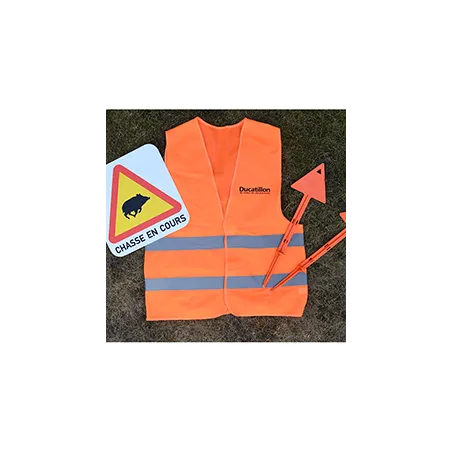 Kit Sécurité du Chasseur, gilet fluo, panneau, piquets de battue