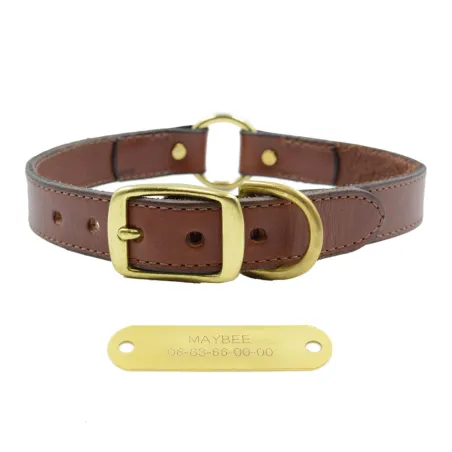 Collier cuir noisette + plaque laiton gravée