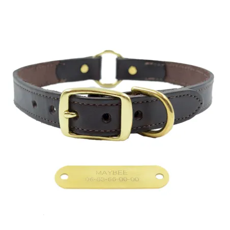 Collier cuir chocolat + plaque laiton gravée Collier cuir chocolat + plaque laiton gravée