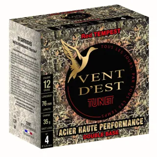 Boîte de 25 cartouches acier poudre double base calibre 12/76 Tunet vent d'est red tempest