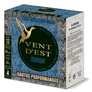 Boîte de 25 cartouches acier hautes performances calibre 12/76 Tunet vent d'est blue tempest
